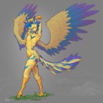 anthro beak blue_eyes claws female grass one_eye_closed plant simple_background sipping solo standing stretching wings reaper3d avian 1:1 2023 absurd_res hi_res sketch