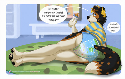 abdl ageplay anthro butt clothed clothing dialogue diaper infantilism male pull-ups_(diaper) roleplay solo tail text diaperdork cody_(diaperdork) canid canine canis domestic_dog mammal digital_media_(artwork) english_text hi_res
