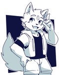 anthro bottomwear clothing hoodie male shorts simple_background smile solo topwear saku1saya seiya_(saku1saya) canid canine mammal hi_res monochrome