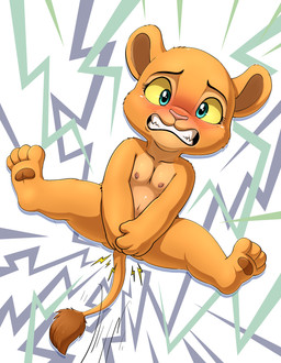 anthro blush covering covering_crotch cunt_punt feet female nipples nude pain solo young lkiws disney the_lion_king nala_(the_lion_king) felid lion mammal pantherine absurd_res hi_res