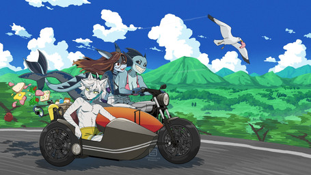 blue_sky brown_hair car cloud day female ground_vehicle hair long_hair male motor_vehicle mountain outside short_hair sky smile tail vehicle white_hair kyriepoda tethys_(xasaviko) animal_humanoid felid feline fish fish_humanoid humanoid mammal marine marine_humanoid shark shark_humanoid hi_res