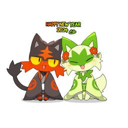 ambiguous_gender asian_clothing blush clothed clothing duo east_asian_clothing eyes_closed feral fur green_body green_fur japanese_clothing kemono quadruped red_body red_eyes red_fur simple_background smile tail tail_motion white_background yellow_sclera tontaro nintendo pokemon generation_7_pokemon generation_9_pokemon litten pokemon_(species) sprigatito 1:1 2d_animation animated animated_gif short_playtime
