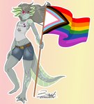 accessory anthro belt bisexual_pride_colors bottomwear clothing denim denim_bottomwear denim_clothing denim_shorts feet female fin flag flag_(object) flat_chested genderfluid_pride_colors gradient_background green_body green_markings grey_hair hair holding_flag holding_object lgbt_pride looking_at_viewer markings membrane_(anatomy) midriff non-mammal_hair pin_accessory pink_eyes pink_sclera pride_color_accessory pride_color_flag pride_colors pride_pin progress_pride_colors progressive_pride_flag racial_pride_flag rainbow_flag rainbow_pride_colors rainbow_pride_flag rainbow_symbol shirt shorts simple_background smile solo spots spotted_body tank_top text text_on_clothing text_on_shirt text_on_topwear toes topwear webbed_feet webbed_hands zer0rebel4 lgbt_pride_month beckett_(zer0rebel4) amphibian axolotl marine mole_salamander salamander 2022 absurd_res digital_media_(artwork) english_text hi_res lol_comments nonbinary_(lore) trans_(lore)