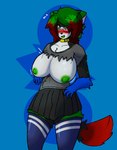 anthro bottomwear breast_expansion breasts clothing collar erection erection_under_skirt expansion exposed_breasts green_eyes green_hair green_nipples gynomorph hair intersex nipples shirt skirt solo topwear torn_clothing torn_shirt torn_topwear chromer_exe chromer.exe domestic_cat felid feline felis mammal