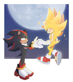 anthro blush clothing duo footwear male male/male moon shoes sparkles star chaotixshiro sega sonic_the_hedgehog_(series) shadow_the_hedgehog sonic_the_hedgehog super_sonic eulipotyphlan hedgehog mammal hi_res