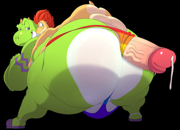 anthro anthro_on_anthro balls big_balls big_butt big_penis black_background bodily_fluids bottomwear butt clothing dripping duo footwear from_behind_position genital_fluids genitals green_body hair huge_butt huge_penis hyper hyper_genitalia hyper_penis leaking_precum lgbt_pride looking_back male male/male mostly_nude_male nude_male on_top penis penis_on_butt penis_through_underwear precum precum_drip pride_color_clothing pride_color_underwear pride_colors purple_clothing purple_footwear red_hair sex simple_background size_difference smile smirk teeth underwear yellow_body elotes_en_vaso mario_bros nintendo tinto_(nkz) veni_(nkz) green_yoshi koopa koopa_troopa reptile scalie yoshi hi_res