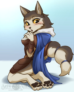 accessory anthro armor black_nose black_pawpads blush breasts cape clothing female furgonomics looking_back pawpads solo tail tail_accessory tailband yellow_eyes abluedeer armello league_of_geeks river_(armello) canid canine canis mammal wolf hi_res