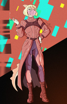 abstract_background anthro blonde_hair bob_cut bone_frill boots cigarette claws clothing coat cosplay crossover_cosplay female finger_claws footwear frill_(anatomy) hair holding_cigarette holding_object long_tail looking_at_viewer mask multicolored_body multicolored_scales orange_body orange_scales pose red_boots red_clothing red_coat red_eyes red_footwear red_topwear scales shoes solo spiked_tail spikes spikes_(anatomy) tail text topwear two_tone_body two_tone_scales white_body white_scales yellow_sclera vvurm_drama cavemanon_studios cyberpunk_edgerunners goodbye_volcano_high ko_op_(game_developer) snoot_game kiwi_(cyberpunk_edgerunners) naomi_(gvh) dinosaur hadrosaurid ornithischian ornithopod parasaurolophus prehistoric_species reptile scalie 2026 absurd_res artist_name crossover digital_drawing_(artwork) digital_media_(artwork) hi_res watermark