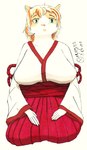 anthro big_breasts breasts clothed clothing female inviting kindness kneeling mature_female on_lap religious_clothing shrine_maiden smile smiling_at_viewer solo xefino akizuki_(xefino) domestic_cat felid feline felis mammal traditional_media_(artwork)