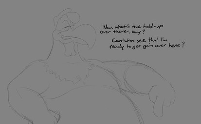 anthro avian_caruncle beak comb_(anatomy) dewlap_(anatomy) dialogue fur gesture half-closed_eyes hand_gesture hand_on_belly head_crest looking_at_viewer male narrowed_eyes pointing pointing_down slightly_chubby slightly_chubby_male smile smirk solo teeth text toothed_beak wattle bastardpalace looney_tunes warner_brothers foghorn_leghorn avian bird chicken galliform leghorn_chicken phasianid english_text hi_res monochrome sketch