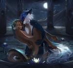 anthro breasts carrying_another claws convenient_censorship detailed_background duo ear_piercing eye_contact facial_markings feet female flower full_moon head_markings hindpaw interspecies legs_in_water looking_at_another male markings moon nature nipples outside partially_submerged paws piercing plant red_eyes romantic romantic_ambiance romantic_couple scar sky small_breasts standing standing_in_water submerged_legs submerged_tail swimming_pool tail tail_in_water tail_out_of_water water krhart cornelius_(commissioner) meian_blackheart mikhaila_kirov canid canine canis dunkleosteus fish hybrid mammal marine mustelid otter prehistoric_species wolf cool_colors