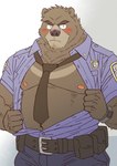 anthro belly blush bottomwear clothing cute_fangs fangs humanoid_hands kemono male moobs navel necktie nipples pants police police_uniform shirt simple_background slightly_chubby solo teeth topwear uniform ryuta-h bear mammal 2023 hi_res