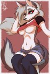 anthro bangs belly border bottomwear breasts canid canid_demon canine cel_shading clothed clothing collar crop_top demon ear_piercing ear_ring female flowing_hair fur furniture grey_body grey_fur grey_hair hair hand_behind_head hellhound helluva_boss hi_res legwear long_hair looking_at_viewer loona_(helluva_boss) mammal multicolored_body multicolored_fur mythological_canine mythological_creature mythology navel piercing portrait red_sclera ring_piercing shaded shirt shorts signature simple_background sitting solo stool tail tail_tuft thigh_highs three-quarter_portrait topwear tsarinart tuft two_tone_body two_tone_fur under_boob white_body white_border white_eyes white_fur