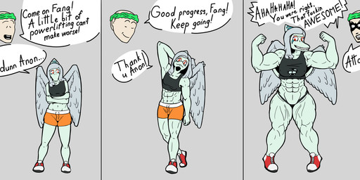 abs anthro biceps big_muscles bra clothing duo female flexing flexing_bicep flexing_both_biceps grin growth male muscle_growth muscular muscular_anthro muscular_female muscular_thighs smile sports_bra sportswear text torn_clothing underwear wings shock_trooper_(artist) cavemanon_studios goodbye_volcano_high ko_op_(game_developer) snoot_game anon_(snoot_game) fang_(gvh) human mammal prehistoric_species pterosaur reptile scalie absurd_res comic english_text hi_res