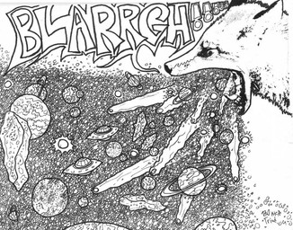 ambiguous_gender anthro comet feral galaxy planet planet_rings side_view solo sound_effects space sun universe vomiting triadfox canid canine fox mammal 2009 black_and_white greyscale monochrome pen_(artwork) signature traditional_media_(artwork)