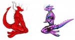 abs anthro athletic bandage belt biceps blue_body blue_skin butt claws collar crossed_arms dragmon dragmon_(character) dragon duo eyes_closed fangs grin horn kneeling male male/male metadragon muscular mythological_creature mythological_scalie mythology nude pecs pose purple_body purple_skin red_body red_eyes red_skin reptile scales scalie simple_background smile spikes tail teeth toe_claws white_background