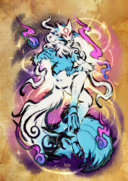 animal_mask anthro blue_body blue_fur claws floating fox_mask fur male mask solo white_body white_fur thehavanawolf capcom okami_(capcom) canid canine mammal absurd_res hi_res