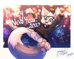 anthro bottomless clothed clothing eyewear falling fireworks freckles fur glasses grey_body grey_fur holidays hoodie solo text topwear gingy_k_fox new_year new_year_2023 gingy_(gingy_k_fox) canid canine fox mammal 2022 dated english_text