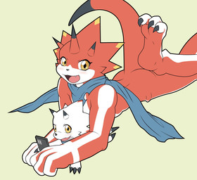 anthro blush butt cellphone claws duo electronics evolutionary_family horn kerchief lying male neckerchief neckwear on_front phone red_body scarf size_difference smartphone white_body yellow_eyes tmdduq6918 bandai_namco digimon betelgammamon digimon_(species) gammamon scalie hi_res brother_(lore) brothers_(lore) sibling_(lore)