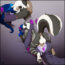 anthro anus big_penis birthmark black_body black_fur black_nose black_pawpads black_tail blue_hair bodily_fluids cum cum_in_vagina cum_inside duo erection eyes_closed female fluffy fluffy_tail from_front_position fur fur_markings genital_fluids genitals hair inner_ear_fluff innie_anus kiss_on_lips lying male male/female male_on_top markings missionary_position multicolored_body multicolored_fur multicolored_tail on_back on_top pawpads penetration penis purple_anus purple_inner_ear_fluff purple_pawpads purple_vulva romantic romantic_couple sex simple_background skull_and_crossbones tail tuft vaginal vaginal_penetration vulva white_anus white_body white_fur white_hair white_penis white_tail marblesoda erforf_mephit shalya_bushtail mammal mephitid skunk striped_skunk 1:1 2025 hi_res signature