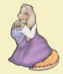 accessory anthro bent_arm big_breasts blue_eyes blush breasts clothed clothing cosplay crossover_cosplay eyebrows fake_horns female floppy_ears fur glistening glistening_eyes grey_body grey_fur hands_together headband long_ears long_tail looking_aside lop_ears mature_anthro mature_female orange_body orange_fur purple_clothing purple_robe robe simple_background smile solo tail tail_mane yellow_background jerkdraws final_fantasy square_enix undertale_(series) toriel nu_mou 2024 absurd_res colored crossover digital_media_(artwork) hi_res