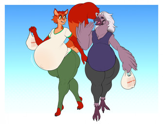 anthro barefoot bottomwear clothing duo feet femboy food holding_food holding_object hyper hyper_pregnancy male pants pregnant pregnant_male talking_to_another thick_thighs yoga_pants mr.pink aidan_(nackvixen) avian bird corvid mammal oscine passerine rodent sciurid tree_squirrel hi_res