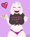 anthro big_breasts blush breasts clothed clothing dessert female food heart_symbol mature_anthro mature_female navel panties pastry pie rental_mommy_shirt shirt solo text text_on_clothing text_on_shirt text_on_topwear topwear underwear daddy_pone meme_clothing rental_mommy undertale undertale_(series) toriel boss_monster_(undertale) bovid caprine mammal hi_res meme