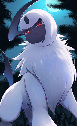 ambiguous_feral ambiguous_gender black_body black_nose black_skin black_tail digitigrade feral full_moon fur grass looking_at_viewer looking_down looking_down_at_viewer low-angle_view moon mouth_closed night outside plant pupils quadruped red_eyes ruff slit_pupils solo star tail tree white_body white_fur white_pupils rumine nintendo pokemon absol generation_3_pokemon mammal pokemon_(species) 2026 hi_res