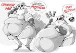 antennae_(anatomy) anthro arthropod_abdomen belly big_belly big_breasts black_eyes blush blush_lines breasts dialogue duo female food huge_thighs hyper hyper_thighs laugh morbidly_obese morbidly_obese_anthro morbidly_obese_female motion_lines navel obese obese_anthro obese_female open_mouth overweight overweight_anthro overweight_female profanity smile speech_bubble standing text thick_thighs veryfilthything bug_fables moonsprout_games mothiva_(bug_fables) vi_(bug_fables) arthropod bee hymenopteran insect lepidopteran moth absurd_res english_text hi_res monochrome