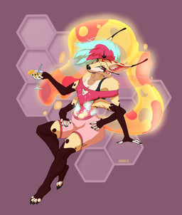 beverage clothing container cup drinking_glass drinking_straw female glass glass_container glass_cup honeycomb_background pink_clothing red_eyes simple_background solo arnius hellaverse helluva_boss queen_bee-lzebub_(helluva_boss) canid canine demon fox mammal hi_res