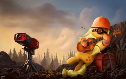 acoustic_guitar amazing_background clothing cloud detailed_background eyewear female feral gloves goggles guitar handwear machine musical_instrument outside playing_guitar playing_music plucked_string_instrument sky solo string_instrument tail toony turret moe_(artist) friendship_is_magic hasbro my_little_pony team_fortress_2 valve valve_corporation applejack_(mlp) engineer_(team_fortress_2) sentry_gun_(team_fortress_2) earth_pony equid equine horse mammal pony robot crossover detailed hi_res