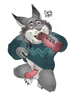 anthro balls bedroom_eyes bodily_fluids bottomless bottomless_anthro bottomless_male claws clothed clothing clothing_lift crouching disembodied_penis erection fellatio finger_claws forehead_whiskers genital_fluids genitals glans handjob humanoid_genitalia humanoid_penis knot knotted_penis male male/male male_anthro mismatched_genitalia mismatched_humanoid_penis mismatched_penis musk musky_penis narrowed_eyes oral pattern_clothing penile penile_spines penis precum precum_in_mouth seductive sex simple_background solo_focus sweater sweater_lift toe_claws topwear urethra vein veiny_penis whiskers white_background carlo_ygm disney zootopia pawbert_lynxley canada_lynx felid feline lynx mammal absurd_res hi_res