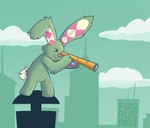 ambiguous_gender anthro biped city city_background cloud paws plushie solo spyglass standing furufoo the_rabbit_with_the_checkered_ears kockasfulu_nyul animate_inanimate lagomorph leporid living_plushie mammal rabbit 2024 artist_name