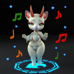 anthro big_breasts black_background blue_clothing breasts clothed clothing dipstick_ears ear_markings eyebrows eyelashes eyeshadow feet female front_view fur gradient_background grey_background grey_body grey_fur hooves horn looking_at_viewer makeup multicolored_ears musical_note musical_symbol navel pink_nose red_eyeshadow red_horn simple_background skimpy smile solo symbol thick_eyebrows thick_thighs white_body white_fur wide_hips yellow_body yellow_eyes yellow_fur yellow_hooves general_buta animal_crossing nintendo shino_(animal_crossing) deer mammal 1:1 3d_(artwork) digital_media_(artwork)