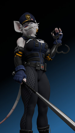 anthro baseball_bat bat_(object) clothed clothing cuff_(restraint) female fur handcuffs looking_at_viewer looking_down metal_cuffs restraints simple_background smile solo standing tail white_body white_fur huutismint warfaremachine_(modeler) officer_flint_(foresttherotten) warfare_flint mammal murid murine rat rodent 3d_(artwork) 9:16 digital_media_(artwork) hi_res