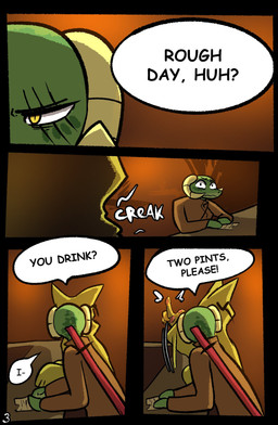 ambiguous_gender anthro clothed clothing dialogue duo female fur horn melee_weapon speech_bubble text weapon yellow_eyes brradett lernie_(brradett) mammal scalie absurd_res colored comic digital_media_(artwork) english_text hi_res