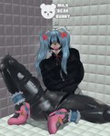 anthro asylum ball_gag big_bulge blindfold blue_hair bottomwear bow_accessory bulge clothed clothing crossdressing femboy footwear fur gag gagged genitals hair high_heels latex latex_bottomwear latex_clothing latex_legwear latex_pants latex_stockings legwear lock male padded_room pants penile penis restrained restraints sex_toy shoes sitting solo stockings straitjacket submissive submissive_anthro submissive_male tan_body tan_fur twintails_(hairstyle) vibrator vibrator_on_penis wand_vibrator milkbearbunny gigi_(milkbearbunny) bear mammal hi_res