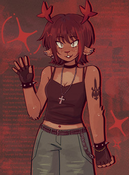 anthro antlers arm_tattoo background_text belt black_hair bottomwear bracelet breasts brown_body brown_fur clothing cross cross_necklace denim denim_bottomwear denim_clothing ear_piercing ear_ring female freckled_face freckles front_view fur hair horn jeans jewelry midriff navel navel_piercing necklace pants piercing red_antlers red_nose ring_piercing shirt solo spiked_bracelet spikes tank_top tattoo text topwear ceriisu deltarune undertale_(series) dess_holiday deer mammal new_world_deer reindeer absurd_res english_text hi_res