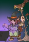 anklet black_sclera bracelet broom cauldron cleaning_tool clothing ear_piercing ear_ring hat headgear headwear jewelry magic_user piercing potion red_eyes ring_piercing witch witch_hat run_rabbit_bounce accipitrid accipitriform avian bird familiar goblin humanoid hi_res