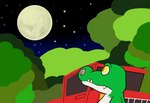 alligator alligatorid anthro cregon crocodile crocodilian forest full_moon green_body jolly_the_lizard male moon multicolored_body night plant reptile scalie sky solo star starry_sky tree truck_(vehicle) two_tone_body vehicle white_body yellow_eyes