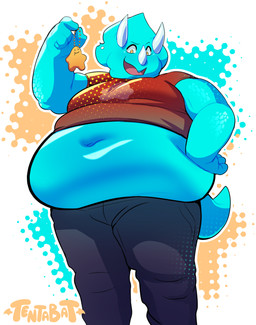 anthro belly big_belly clothed clothing hand_on_hip male muffin_top overweight overweight_male pose tight_clothing tentabat blinkomania the_collector_(blinkomania) dinosaur prehistoric_species reptile scalie 2025 digital_media_(artwork) hi_res pinup