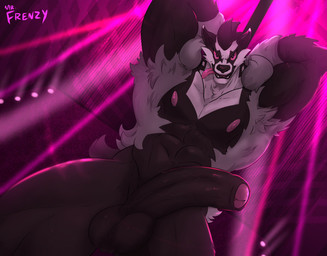 abs anthro areola balls biped black_balls black_body black_foreskin black_fur foreskin fur genitals grey_body grey_fur hands_behind_head humanoid_genitalia humanoid_penis looking_at_viewer male muscular muscular_anthro muscular_male nipples nude open_mouth partially_retracted_foreskin pecs penis pink_nipples pink_sclera pole solo stripper_pole teeth tongue tongue_out vein veiny_penis white_body white_fur mr._frenzy nintendo pokemon generation_8_pokemon obstagoon pokemon_(species) hi_res