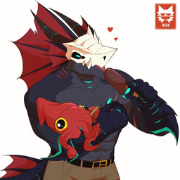 2_horns abs anthro barazoku belt black_body blue_eyes bone bone_mask bottomwear clothed clothing duo fangs feral food gills heart_symbol horn logo male mask muscular muscular_anthro muscular_male pants pecs popsicle red_frill simple_background skull skull_mask teeth tongue tongue_out topless topless_anthro topless_male white_background citsy_404 mythology morgus_orville aquatic aquatic_dragon cephalopod coleoid dragon mollusk mythological_creature mythological_scalie octopodiform octopus scalie 1:1 2024 artist_logo digital_media_(artwork) hi_res