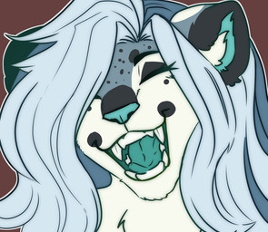 anthro blue_mouth blue_tongue fangs female fur hair happy laugh open_mouth sabertooth_(anatomy) simple_background smile solo spots teeth tongue sunny666 nikita_(asf) felid feline leopard mammal pantherine snow_leopard