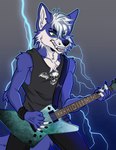 anthro blue_body blue_fur bottomwear clothed clothing denim denim_bottomwear denim_clothing electric_guitar electricity fur green_eyes guitar hair jeans lightning male metal musical_instrument pants plucked_string_instrument shirt skinny slim solo string_instrument tail tank_top topwear white_body white_fur white_hair unknown_artist avenged_sevenfold rainbow_six:_siege bluu_foxx canid canine fox mammal absurd_res hi_res