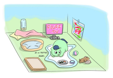 ambiguous_feral ambiguous_gender ball bed bedding blanket blue_hair blue_tail bowl container dish electronics feral food fur furniture hair litter_box neonate pet_bowl picture_on_wall pillow plushie solo standing sushi sushi_roll tail teal_body teal_fur teddy_bear television water young young_ambiguous young_feral carpdime fluffy_pony fluffy_pony_(species) mammal