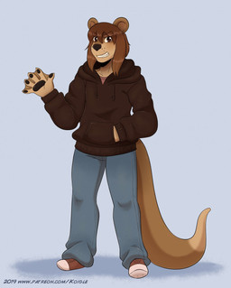 5_fingers anthro black_nose black_pawpads bottomwear brown_body brown_eyes brown_fur brown_hair clothed clothing fingers footwear fur grey_background hair male pants pawpads shirt shoes simple_background solo standing tail teeth text topwear autumnmelody mammal mustelid otter 2019 hi_res shaded url