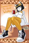 anthro beverage big_breasts bikini black_hair blonde_highlights breasts clothing ear_piercing egyptian eyes_closed female footwear fur hair highlights_(coloring) jewelry legwear outside piercing shoes sitting sneakers solo swimwear text thigh_highs two-piece_swimsuit white_body white_fur sillyniko golden_week nefer-kitty_(sillyniko) domestic_cat felid feline felis mammal hi_res