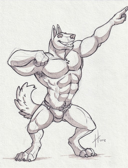 abs anthro biped bottomwear bulge clothed clothing detailed_bulge digitigrade front_view grin male male_anthro muscular muscular_anthro muscular_male pecs pose simple_background smile solo standing topless wide_stance hufnaar canid canine mammal 2018 dated hi_res monochrome sketch