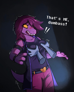 anthro big_breasts biped blush bottomwear breast_grab breast_squeeze breasts claws clothed clothed_anthro clothed_female clothing female fingers front_view fully_clothed fully_clothed_anthro fully_clothed_female grabbing_another's_breast hair hair_over_eye hand_on_another's_breast hand_on_breast non-mammal_breasts pants solo squeezing standing tail topwear enginetrap deltarune undertale_(series) susie_(deltarune) scalie 2026 digital_drawing_(artwork) digital_media_(artwork) hi_res